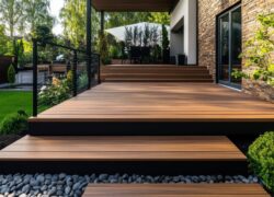 Modern Deck and Stairs Featuring Wooden Elements and Black Railing